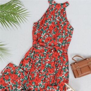 Floral Red Backless Halter Neck MIDI Dress